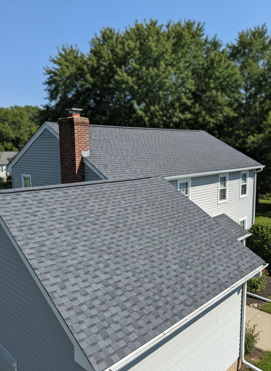 A freshly installed asphalt shingle roof on a two-story Delaware suburban home, captured in sharp photographic realism. The dark charcoal architectural shingles are perfectly aligned with crisp ridge caps and clean flashing around a brick chimney. The house sits in a tidy neighborhood with mature green trees and a clear blue sky in the background, softly blurred. Midday natural light highlights the subtle texture and granules of the shingles, casting gentle, precise shadows along the roof lines. Shot from a slightly elevated angle to showcase the entire roof plane, gutters, and neat roof edges. The mood is professional and reassuring, emphasizing quality workmanship and a finished, worry-free home exterior.