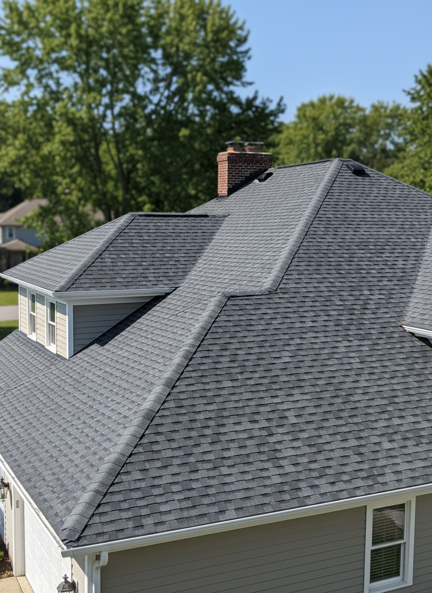 A freshly installed asphalt shingle roof on a two-story Delaware suburban home, captured in sharp photographic realism. The dark charcoal architectural shingles are perfectly aligned with crisp ridge caps and clean flashing around a brick chimney. The house sits in a tidy neighborhood with mature green trees and a clear blue sky in the background, softly blurred. Midday natural light highlights the subtle texture and granules of the shingles, casting gentle, precise shadows along the roof lines. Shot from a slightly elevated angle to showcase the entire roof plane, gutters, and neat roof edges. The mood is professional and reassuring, emphasizing quality workmanship and a finished, worry-free home exterior.