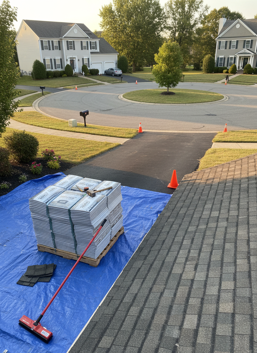 A photographic realism image of a tidy roofing jobsite in a suburban Delaware cul-de-sac, captured in late afternoon light. A driveway is neatly staged with a compacted stack of bundled GAF shingles on a wooden pallet, a blue tarp protecting landscaping, and a magnetic nail sweeper resting near the curb. The house’s roof shows partially removed old shingles with underlayment exposed in clean, straight sections, illustrating an in-progress replacement. Orange safety cones mark off the area, and there is no visible debris scattered around. The lighting is warm but not harsh, casting long, gentle shadows that give depth to the scene. Shot from an eye-level perspective with a wide angle, the mood is organized, professional, and safety-conscious, highlighting responsible roofing practices.