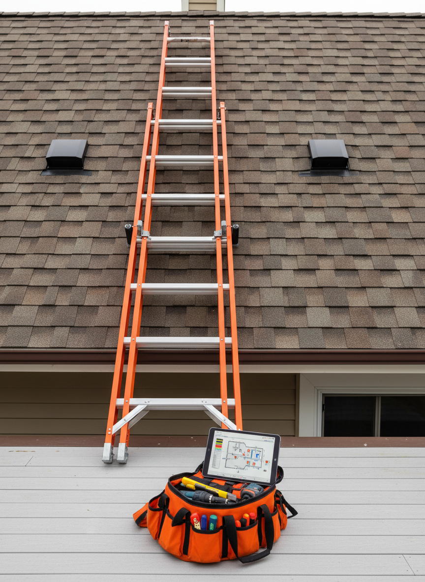 A professional roofing inspection scene focused solely on equipment and structure: a sturdy fiberglass ladder firmly set against the gutter of a mid-size Delaware home, a bright orange tool bag open on the composite deck, and a digital tablet resting atop it displaying a roof diagram. The roof above shows mixed weathering on brown shingles, clean vents, and intact flashing. Overcast daylight provides diffused, even lighting, eliminating harsh shadows and allowing every surface detail to be clearly visible. Photographic realism with an eye-level composition frames the ladder leading up to the roof, symbolizing a thorough, methodical inspection process. The atmosphere feels calm, meticulous, and professional, emphasizing safety, planning, and expertise without any human presence.