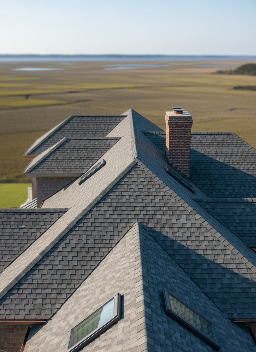 A detailed, top-down photographic view of a complex residential roof layout on a coastal Delaware-style home, featuring multiple gables, a central ridge, and neatly framed skylights. The shingles are a medium gray architectural style, with precisely cut valleys and step flashing along a brick chimney. In the distance, slightly out of focus, hints of flat marshland and a sliver of water suggest proximity to the Delaware bayshore. Clean, bright morning light from a clear sky casts soft, directional shadows that define the planes and angles of the roof without harsh contrast. The composition emphasizes geometry and craftsmanship, creating a confident, organized mood that underscores expertise in handling intricate roof designs and coastal conditions.