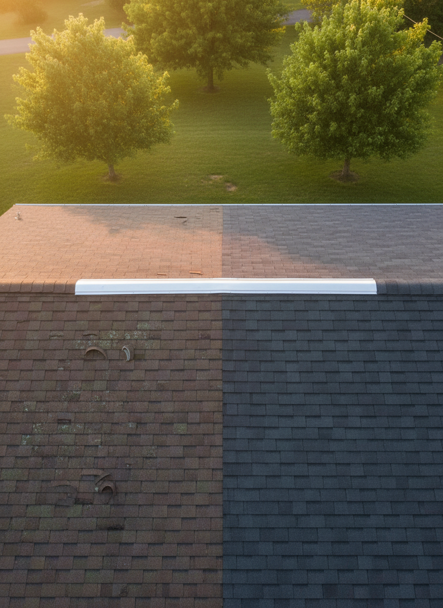 A dramatic before-and-after style rooftop composition captured in one photographic frame: the left half of the roof shows aged, curling, and discolored asphalt shingles with visible granule loss, while the right half displays newly replaced, deep graphite architectural shingles with crisp, straight lines. A clean metal ridge vent runs across the top, perfectly centered. The home is a typical Delaware ranch-style house surrounded by a modest lawn and a few leafing trees, slightly blurred to keep focus on the contrast. Soft, golden hour sunlight warms the new shingles and subtly reveals the flaws of the old section. Shot from an elevated angle with sharp focus throughout, the mood is hopeful and transformative, highlighting the clear benefits of professional roof replacement.