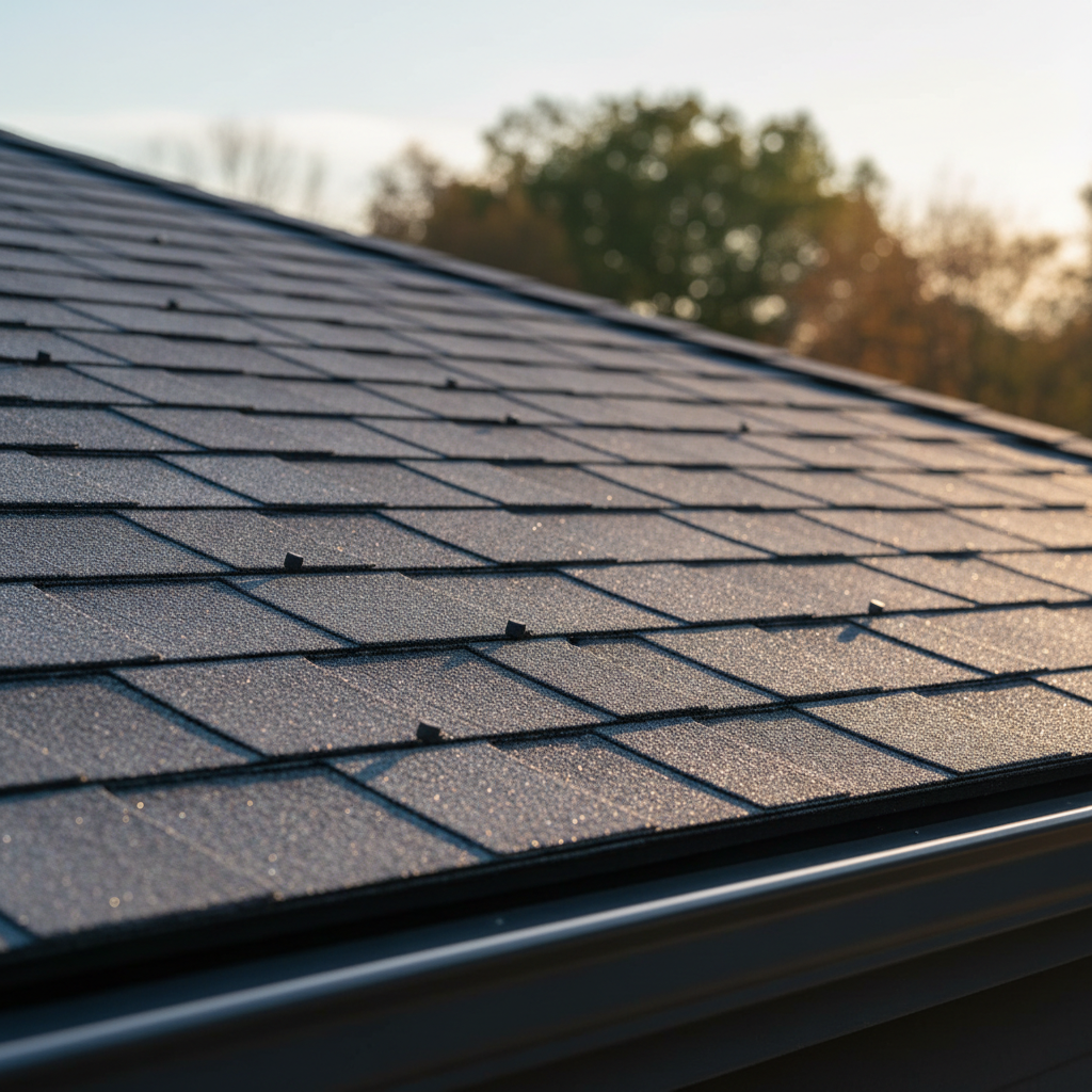 A close-up, highly detailed photographic view of GAF architectural shingles on a residential roof, showing the layered texture, dimensional shadow lines, and subtle color variations in a slate-gray palette. The shingles look perfectly nailed and aligned over clean underlayment, with a neatly installed metal drip edge visible along the eave. Soft late afternoon sunlight grazes across the surface, creating tiny highlights on the granules and emphasizing the durability of the material. The background falls into a creamy bokeh of trees and sky, drawing the eye to the roofing surface. Composed at a low, angled macro perspective, the mood is technical, precise, and trustworthy, ideal for emphasizing certified roofing quality and materials.